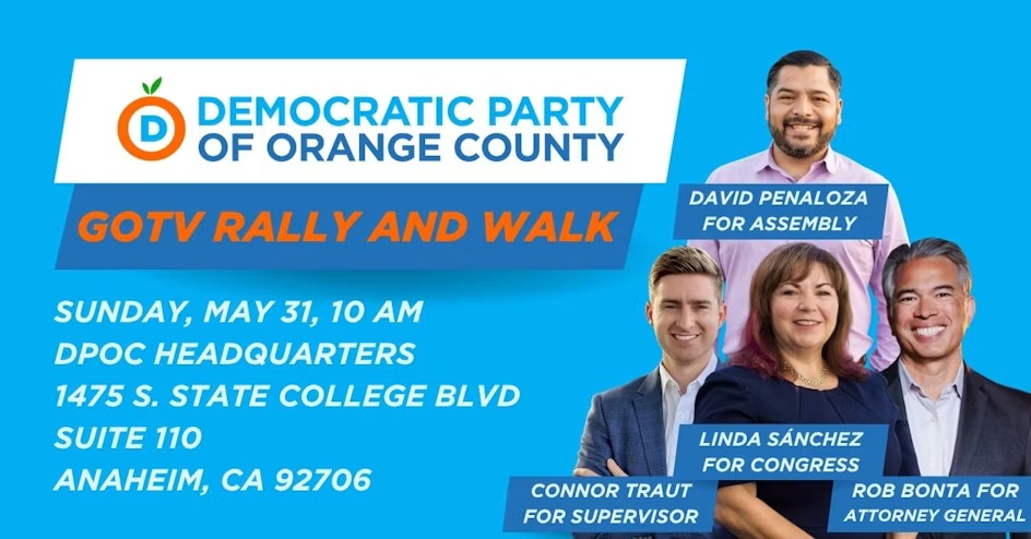     Political event flyer reading ‘Fight Forward: Get Out the Vote – Knock on Doors,’ advertising a Saturday canvassing event from 10 a.m. to 2 p.m. with photos of several candidates and organizers, including Derek Tran, Ada Briceño, Chris Duncan, and Connor Traut.